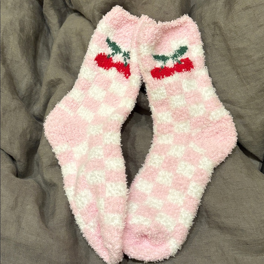 Pink Checkered Fuzzy Socks with Cherry Design